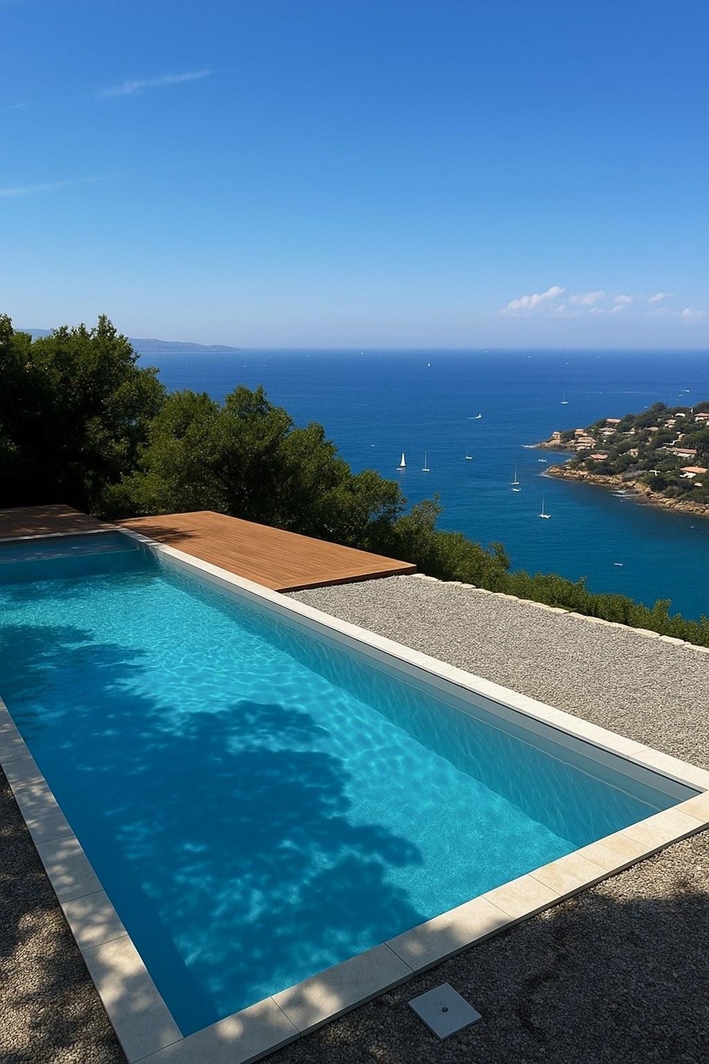 Piscine à débordement avec vue mer, réalisation Provence PVC Armé
